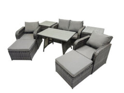 Fimous Outdoor Garden Furniture Set Rattan Sofa Dining Table Set With Reclining Chair 2 Big Footstool Side Tables Dark Grey Mixed - thumbnail 7