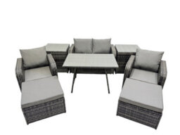 Fimous Outdoor Garden Furniture Set Rattan Sofa Dining Table Set With Reclining Chair 2 Big Footstool Side Tables Dark Grey Mixed - thumbnail 9