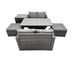 Fimous 6-Seater Patio Height Adjustable Rising Lifting Table Sofa Sets Rattan Garden Furniture Set With 2 Big Stools Side Table - thumbnail 1