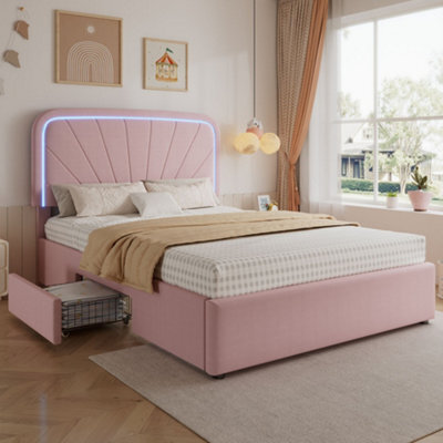Merax 4Ft6 Double Bed 135X190 Cm, Velvet Upholstered Bed With Led Padded Headboard, 2 Storage Drawers, Children's Bed, Pink - image 1