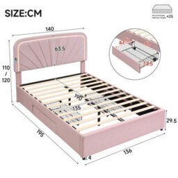 Merax 4Ft6 Double Bed 135X190 Cm, Velvet Upholstered Bed With Led Padded Headboard, 2 Storage Drawers, Children's Bed, Pink - thumbnail 4