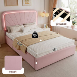 Merax 4Ft6 Double Bed 135X190 Cm, Velvet Upholstered Bed With Led Padded Headboard, 2 Storage Drawers, Children's Bed, Pink - thumbnail 5