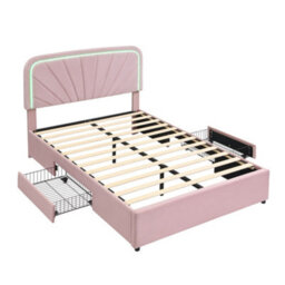 Merax 4Ft6 Double Bed 135X190 Cm, Velvet Upholstered Bed With Led Padded Headboard, 2 Storage Drawers, Children's Bed, Pink - thumbnail 7
