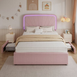 Merax 4Ft6 Double Bed 135X190 Cm, Velvet Upholstered Bed With Led Padded Headboard, 2 Storage Drawers, Children's Bed, Pink - thumbnail 2