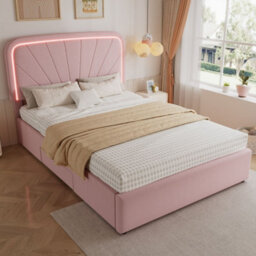 Merax 4Ft6 Double Bed 135X190 Cm, Velvet Upholstered Bed With Led Padded Headboard, 2 Storage Drawers, Children's Bed, Pink - thumbnail 3