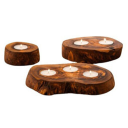 Verano Spanish Ceramics Olive Wood Natural Grained Home Décor Rustic Tea Light Holders Set Of 3 (Diam) 9Cm, 14Cm & 20Cm
