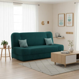 Jonas Living Room Sofa Bed With Click Clack Sleeping Surface Storage Container Wooden Frame Turquoise And Patterned Pillows - thumbnail 1