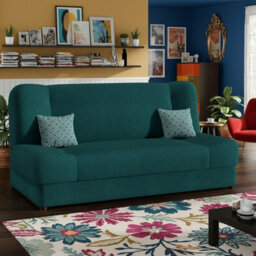 Jonas Living Room Sofa Bed With Click Clack Sleeping Surface Storage Container Wooden Frame Turquoise And Patterned Pillows - thumbnail 2