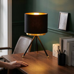 Happy Homewares Black Tripod Table Lamp With Gold Metal Ring And Cotton Drum Shade - thumbnail 6