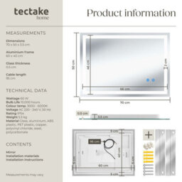 Tectake Led Bathroom Mirror Clara With Dimmable Backlight, 3 Colour Temps And Anti-Fog   50 X 70 Cm- Anthracite - thumbnail 6