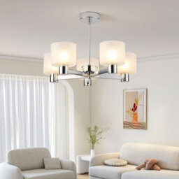 Harper Living Modern 5 Lights Chandelier Ceiling Light, Chrome Semi Flush Ceiling Lamp With Sanded Glass Shades, 5Xg9 Ceiling Lighting - thumbnail 2