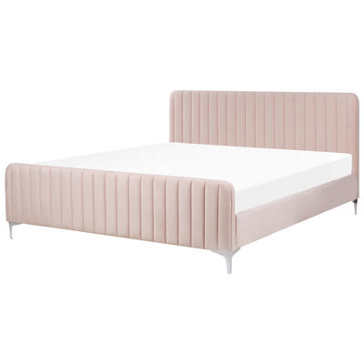 Beliani Bed Velvet Lunan 180 X 200 Cm (Eu Super King) Pastel Pink - image 1