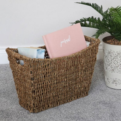 JVL Seagrass Magazine Newspaper Holder Storage Basket Woven Rack With Handles 41Cm - image 1