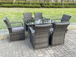 Fimous Rattan Garden Furniture Dining Table And Chairs Set Pe Wicker Patio 6 Chairs Plus Black Tempered Glass Rectangular Table - thumbnail 3