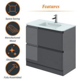 Plum&clay Marvel Gloss Dark Grey Floor Standing Bathroom Vanity Unit With White Glass Basin (W)900mm - thumbnail 6