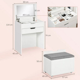Dressing Table With Mirror And Stool, Vanity Table With Storage, White - thumbnail 2