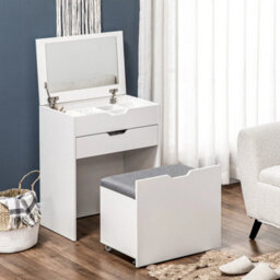 Dressing Table With Mirror And Stool, Vanity Table With Storage, White - thumbnail 5