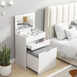 Dressing Table With Mirror And Stool, Vanity Table With Storage, White - thumbnail 1
