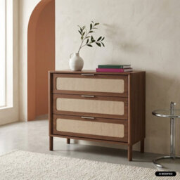 Sweeek - Vintage Chest Of Drawers With Wood Decor And Cane, 3 Drawers Walnut 80X39.5X75.5 Cm - Etta - thumbnail 1