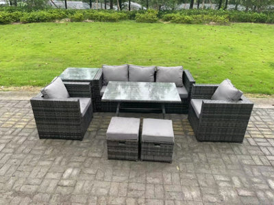 Fimous 7 Seater Rattan Outdoor Furniture Garden Dining Set With Lounge Sofa Dining Table 2 Armchairs Small Stools - image 1