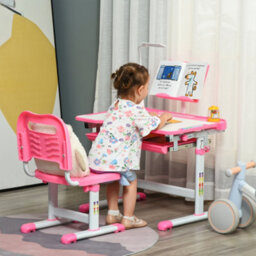 Homcom Kids Study Desk And Chair Set W/ Usb Lamp, Adjustable Height, Pink