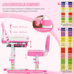 Homcom Kids Study Desk And Chair Set W/ Usb Lamp, Adjustable Height, Pink - thumbnail 4