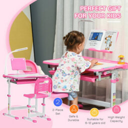 Homcom Kids Study Desk And Chair Set W/ Usb Lamp, Adjustable Height, Pink - thumbnail 8