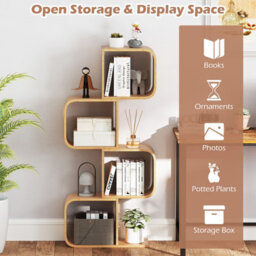 Costway 4-Tier S-Shaped Bookcase Bamboo Bookshelf W/ 4 Open Cubes-Natural - thumbnail 7