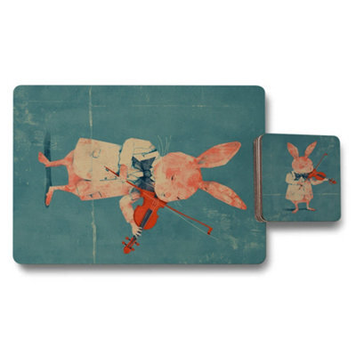 Benjamin Tate Design Designer Artwork Placemat And Coaster Set With Wood Base Teal Rabbit Motif Limited Edition - image 1