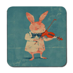 Benjamin Tate Design Designer Artwork Placemat And Coaster Set With Wood Base Teal Rabbit Motif Limited Edition - thumbnail 3