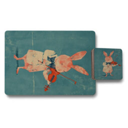 Benjamin Tate Design Designer Artwork Placemat And Coaster Set With Wood Base Teal Rabbit Motif Limited Edition - thumbnail 1