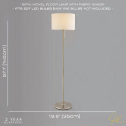Happy Homewares Classic Brushed Satin Nickel Floor Lamp With Metal Pull Switch And Cotton Shade - thumbnail 6