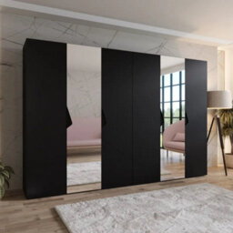 Arte Sandi Ii Hinged Door Wardrobe 300Cm - Black Modern Mirrored Wardrobe With Multiple Rails And Shelves - thumbnail 1