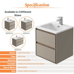 Plum&clay Norton Light Grey & Oak Wall Hung Vanity Unit & Basin Set Bathroom Furniture (W)500mm (H)530mm - thumbnail 4