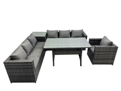 Fimous 7 Seater Outdoor Corner Sofa Chair Dining Table Set Garden Rattan Furniture Set With Side Table Dark Grey - image 1