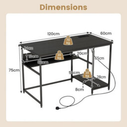 120Cm Computer Desk With Storage Shelf & Power Outlet Black - thumbnail 2
