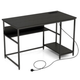 120Cm Computer Desk With Storage Shelf & Power Outlet Black - thumbnail 1