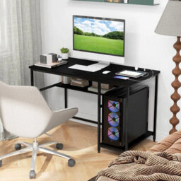 120Cm Computer Desk With Storage Shelf & Power Outlet Black - thumbnail 3