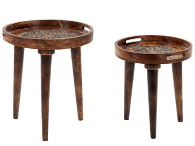 Beliani Heritage Dark Mango Nest Of 2 Side Tables - Handmade Distressed Vintage Round Set - image 1