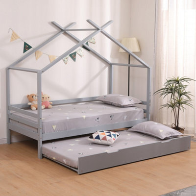 SlumberWorx Teddy Kids Childrens Wooden House Treehouse Single Bed Frame With Guest Trundle Bed (Grey) - image 1