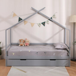 SlumberWorx Teddy Kids Childrens Wooden House Treehouse Single Bed Frame With Guest Trundle Bed (Grey) - thumbnail 2