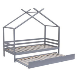 SlumberWorx Teddy Kids Childrens Wooden House Treehouse Single Bed Frame With Guest Trundle Bed (Grey) - thumbnail 3
