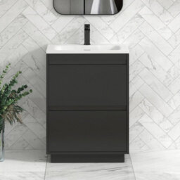 Royal Bathrooms Orion 600mm Matt Obsidian Black 2 Drawer Floor Standing Vanity Unit With Stone Basin & Black Strip