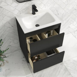 Royal Bathrooms Orion 600mm Matt Obsidian Black 2 Drawer Floor Standing Vanity Unit With Stone Basin & Black Strip - thumbnail 4