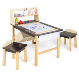 Costway Kids Table & Chair Set Children Wooden Toddler Drawing Art Desk W/ 2-Tier Shelf - thumbnail 2