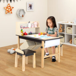 Costway Kids Table & Chair Set Children Wooden Toddler Drawing Art Desk W/ 2-Tier Shelf - thumbnail 4
