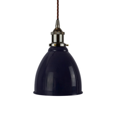 Navy Blue Classic Small Pantry Metal Painted Dome Pendant Light With Black Nickel Lamp Holder And Brown Twisted Cable - Se Home