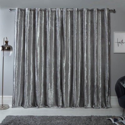 "Ohs Crushed Velvet Eyelet Ring Top Pair Of Fully Lined Curtains - Silver 46"" X 54""" - image 1