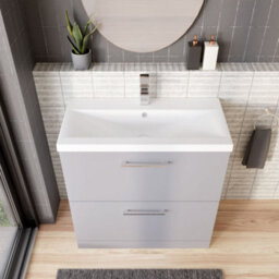 Balterley Contemporary Bathroom Floor Standing 2 Drawer Vanity Unit & Mid-Edge Ceramic Basin, Satin Grey, 800 mm - thumbnail 3