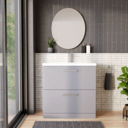 Balterley Contemporary Bathroom Floor Standing 2 Drawer Vanity Unit & Mid-Edge Ceramic Basin, Satin Grey, 800 mm - thumbnail 2